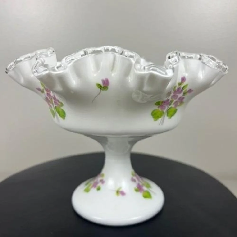 Fenton Milk Glass Violets in the Snow Ruffled Silver Crest Pedestal Compote Bowl